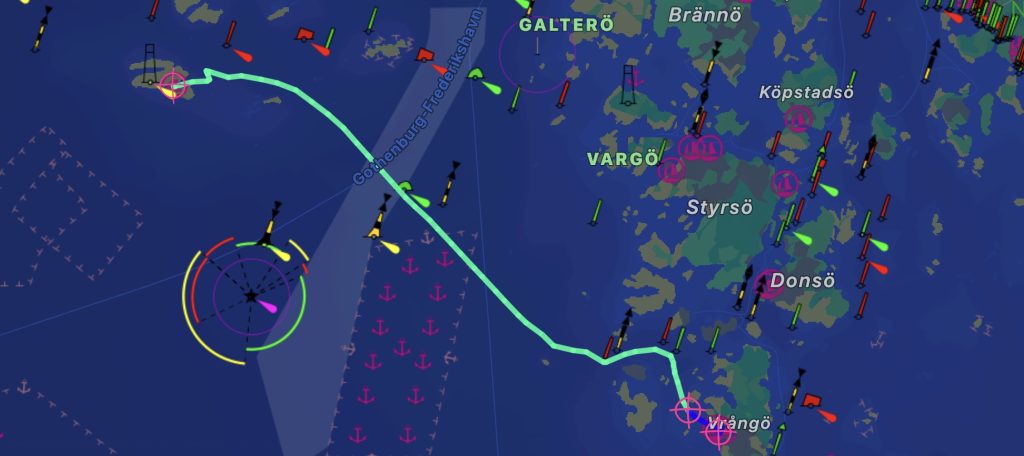 Route Vrångö – Vinga, 31. August 2026 (grün: unter Segeln, blau: unter Motor oder mit Motorunterstützung)
